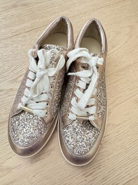 Jimmy Choo Glitter Lace-Up Sneakers in Rose Gold